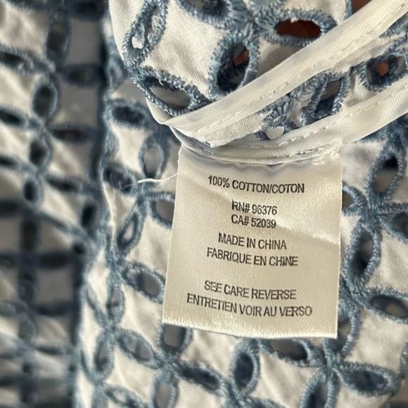 Samuel Dong Eyelet Cutout Button Down Long Sleeve Blouse, Blue White Sz Medium - Picture 10 of 16